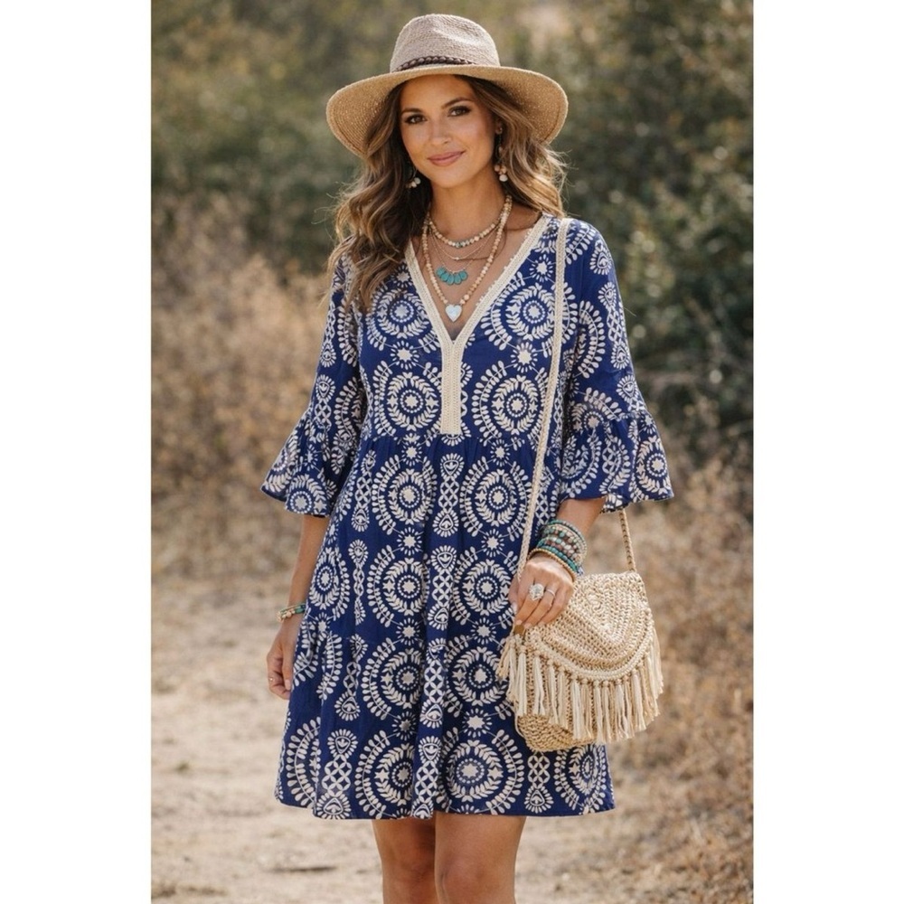 Saiph Lab Women Tiered Bell Sleeve Santorini Dress Lined Made in Italy Size M